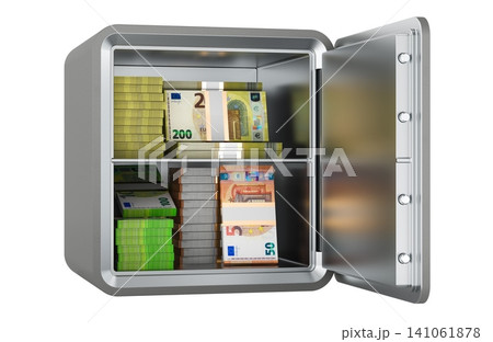 Open safe with euro banknotes and cash bundles. 3D rendering Open safe with euro banknotes and cash bundles. 3D rendering 141061878