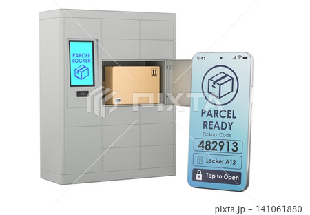 Parcel locker with pickup code smartphone app. 3D rendering Parcel locker with pickup code smartphone app. 3D rendering 141061880