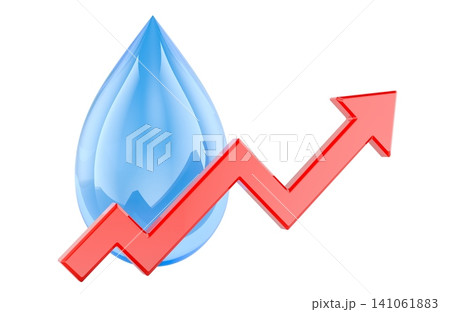 Rising water consumption cost with water drop and red arrow. 3D rendering Rising water consumption cost with water drop and red arrow. 3D rendering 141061883