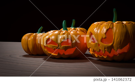 Spooky Halloween Jack O Lantern Pumpkins On Dark Table 3d render. Spooky Halloween Jack O Lantern Pumpkins On Dark Table 3d render. 141062372