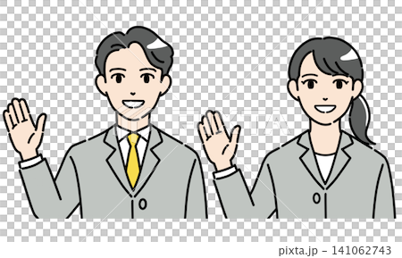 一組插圖,描繪了一對身著西裝的年輕男女面帶微笑,熱情地引導遊客。 一組插圖,描繪了一對身著西裝的年輕男女面帶微笑,熱情地引導遊客。 141062743