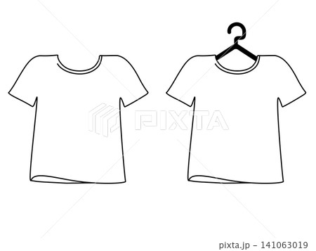 風になびくシンプルなTシャツのイラスト_ハンガーあり・なし_線画 風になびくシンプルなTシャツのイラスト_ハンガーあり・なし_線画 141063019