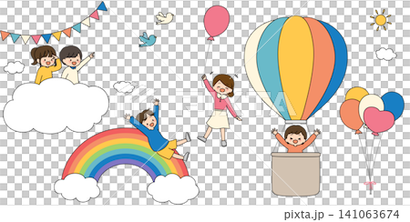 虹や雲の上で元気に遊ぶ子どもたちのイラストセット(ポップカラー) 虹や雲の上で元気に遊ぶ子どもたちのイラストセット(ポップカラー) 141063674