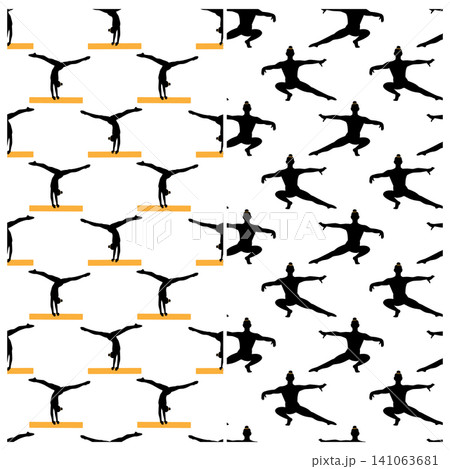 Repeating seamless Pattern Collection of gymnastics on balance beam and floor exercise element. Isolated Vector illustration for fabric, packaging, wallpaper, stationery, scrapbook or branding project 141063681