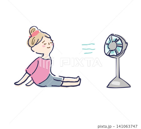 扇風機の前に座って風にあたる女性の手描きのゆるいイラスト 夏 扇風機の前に座って風にあたる女性の手描きのゆるいイラスト 夏 141063747