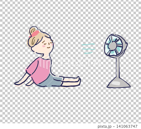 扇風機の前に座って風にあたる女性の手描きのゆるいイラスト 夏 扇風機の前に座って風にあたる女性の手描きのゆるいイラスト 夏 141063747