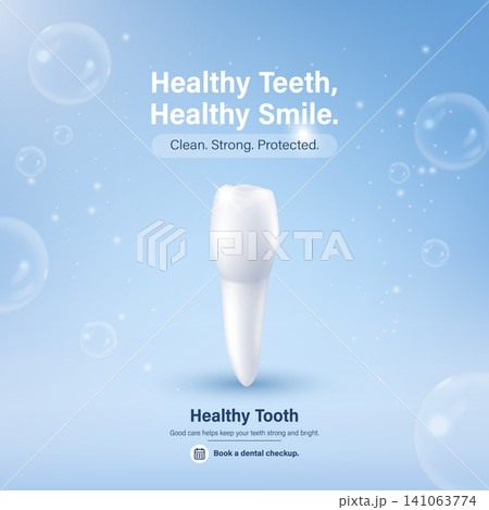 Healthy Teeth Poster. Vector 3d Tooth Dental Care Banner with Blue Bubbles for Oral Hygiene, Dentist Clinic Promotion, Healthy Smile Ad, Checkup Reminder, Medical Awareness Design Healthy Teeth Poster. Vector 3d Tooth Dental Care Banner with Blue Bubbles for Oral Hygiene, Dentist Clinic Promotion, Healthy Smile Ad, Checkup Reminder, Medical Awareness Design 141063774