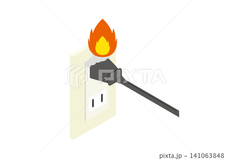 電源プラグに溜まったほこりから発火しているアイソメトリックイラスト（主線なし） 141063848