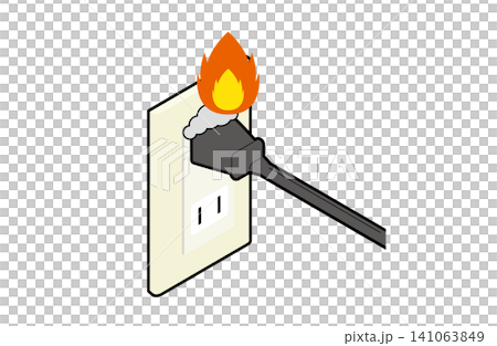 Isometric illustration (with outlines) showing a fire caused by dust accumulated in a power plug. 141063849