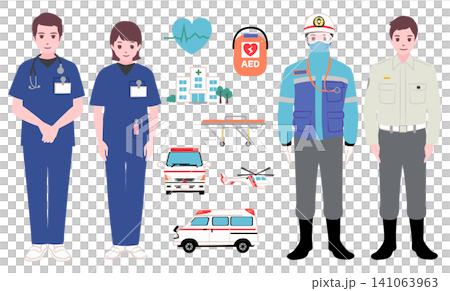 【工作】急診中心和急診門診的醫護人員、醫生和護士、救護車、AED 等的物料包。 【工作】急診中心和急診門診的醫護人員、醫生和護士、救護車、AED 等的物料包。 141063963