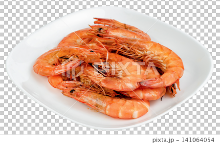 Freshly cooked whole king prawns served on a white ceramic plate. Delicious orange boiled shrimp with heads and shells intact. Gourmet seafood appetizer isolated. Freshly cooked whole king prawns served on a white ceramic plate. Delicious orange boiled shrimp with heads and shells intact. Gourmet seafood appetizer isolated. 141064054