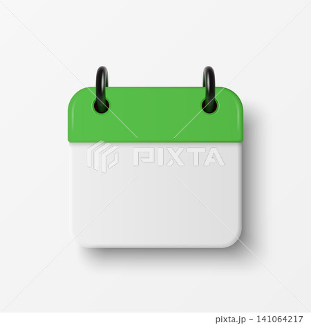 Vector 3d Blank Calendar Icon with Green Header, Front View. Minimal Date Planner Page with Rings. Schedule and Appointment Symbol. Reminder and Event Organizer Design Element, Vector Illustration 141064217