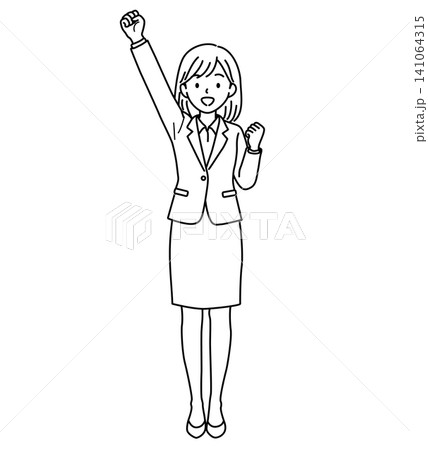 片手を上げて応援する女性会社員（全身）の線画イラスト 141064315