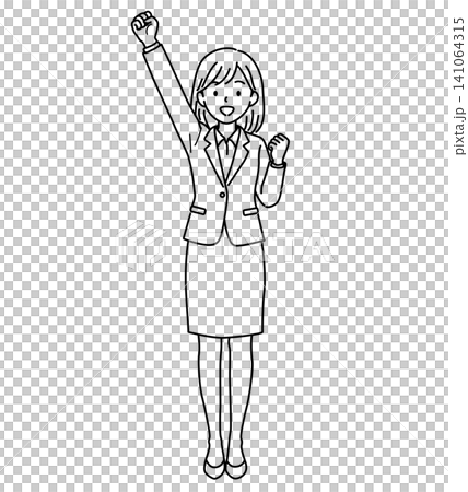 片手を上げて応援する女性会社員（全身）の線画イラスト 141064315