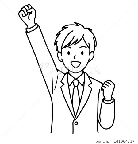 片手を上げて応援する男性会社員(上半身)の線画イラスト 片手を上げて応援する男性会社員(上半身)の線画イラスト 141064317