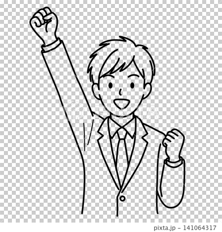 片手を上げて応援する男性会社員(上半身)の線画イラスト 片手を上げて応援する男性会社員(上半身)の線画イラスト 141064317