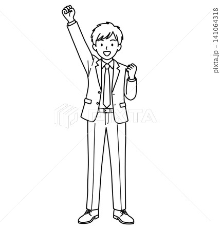 片手を上げて応援する男性会社員(全身)の線画イラスト 片手を上げて応援する男性会社員(全身)の線画イラスト 141064318