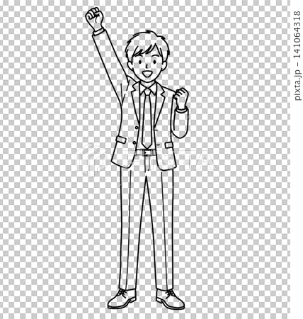 片手を上げて応援する男性会社員(全身)の線画イラスト 片手を上げて応援する男性会社員(全身)の線画イラスト 141064318