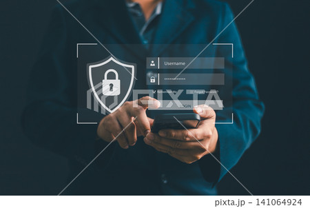 Businessman using smartphone for secure login with virtual interface. Concept of cybersecurity, data protection, network safety, privacy, and cyber insurance in corporate business technology 141064924