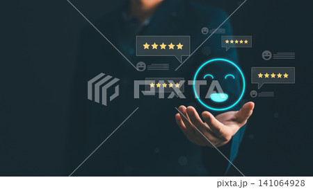 Businessman hand holding virtual happy smile face icon with five star rating feedback for excellent customer service evaluation, satisfaction survey, experience marketing and business reputation Businessman hand holding virtual happy smile face icon with five star rating feedback for excellent customer service evaluation, satisfaction survey, experience marketing and business reputation 141064928