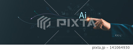 Businessman touching virtual screen with AI artificial intelligence icon, machine learning tech, big data and digital transformation networking workflow automation on dark background 141064930