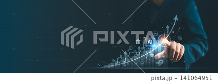 Business person pointing at glowing AI chip and rising financial growth arrow with icons. Concept of artificial intelligence boosting stock market, digital investment, and corporate data analytics Business person pointing at glowing AI chip and rising financial growth arrow with icons. Concept of artificial intelligence boosting stock market, digital investment, and corporate data analytics 141064951