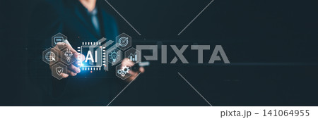 Businessman touching virtual AI chip icon with digital hexagon interface. Concept of artificial intelligence management, future technology, automation, and smart business solution systems 141064955