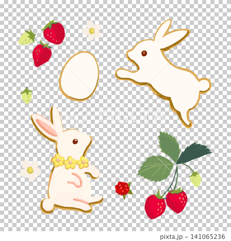 イースターのうさぎとイースターエッグ 春のかわいい手描き風イラスト素材 141065236