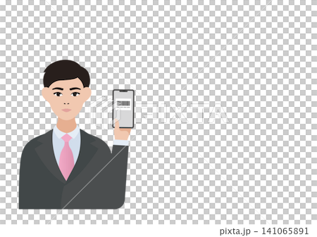 向量圖,描繪了一名男子使用智慧型手機進行條碼支付的過程。 向量圖,描繪了一名男子使用智慧型手機進行條碼支付的過程。 141065891