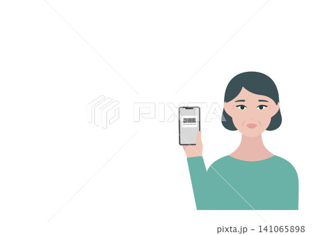 スマホでバーコード決済をする中年女性のベクターイラスト素材 スマホでバーコード決済をする中年女性のベクターイラスト素材 141065898