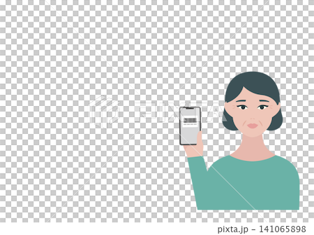 スマホでバーコード決済をする中年女性のベクターイラスト素材 スマホでバーコード決済をする中年女性のベクターイラスト素材 141065898