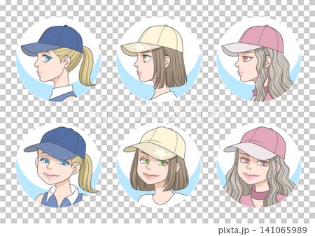一位戴著帽子的女士的側面和正面照片。 一位戴著帽子的女士的側面和正面照片。 141065989