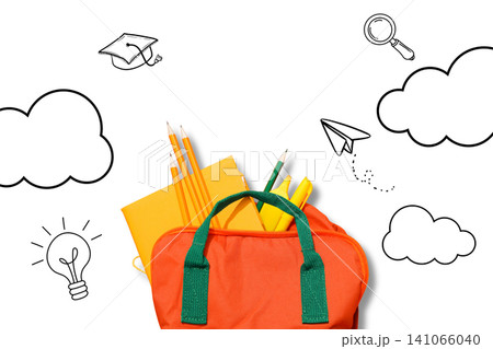 Colorful school bag filled with stationery items ready for back to school season, PNG 141066040