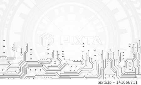 Abstract monochrome gray vector circuit board traces on bottom with faint white geometric concentric rings 141066211