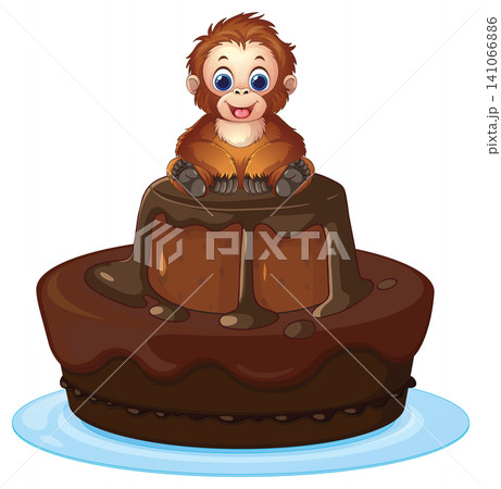 Cute Cartoon Orangutan Sitting on a Two Tier Chocolate Cake Cute Cartoon Orangutan Sitting on a Two Tier Chocolate Cake 141066886