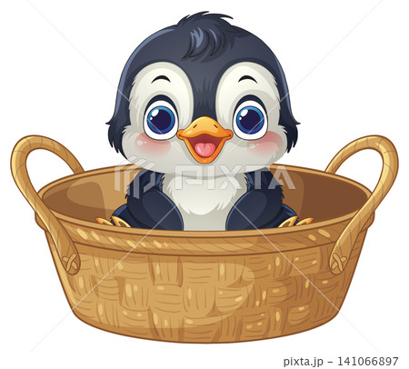 Cute Cartoon Baby Penguin Sitting Inside a Woven Wicker Basket Cute Cartoon Baby Penguin Sitting Inside a Woven Wicker Basket 141066897