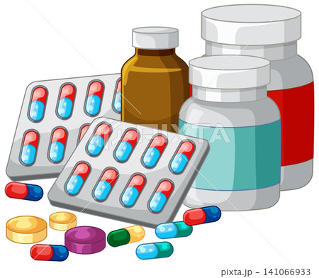 Medical Pill Bottles and Blister Packs Vector Illustration on White Background Medical Pill Bottles and Blister Packs Vector Illustration on White Background 141066933