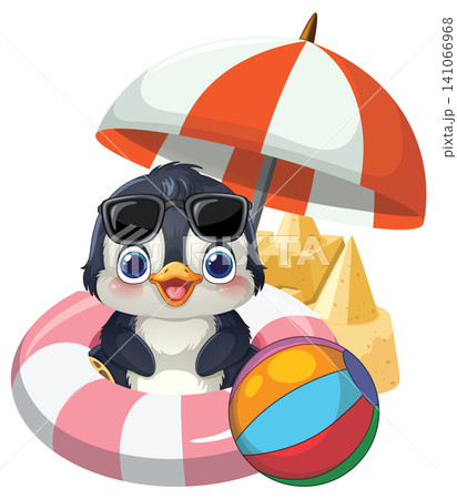 Cute Cartoon Penguin with Beach Accessories and Sandcastle Vector Illustration 141066968