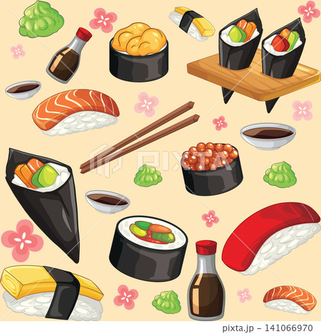 Seamless Vector Pattern of Assorted Japanese Sushi and Condiments Seamless Vector Pattern of Assorted Japanese Sushi and Condiments 141066970