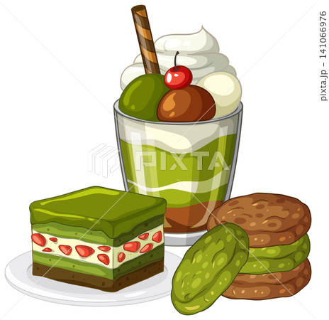 Assorted Matcha Green Tea Desserts with Parfait Cake and Cookies 141066976