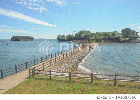 穏やかな海の上に真っ直ぐに伸びる筒島へと繋がる美しい架け橋の風景 穏やかな海の上に真っ直ぐに伸びる筒島へと繋がる美しい架け橋の風景 141067350