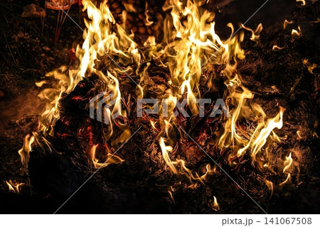 Fiery burning flames on dark black charcoal surface Fiery burning flames on dark black charcoal surface 141067508