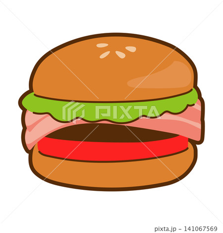 手書き風のファストフード店のベーコンレタスバーガーイラスト素材(輪郭線あり) 141067569