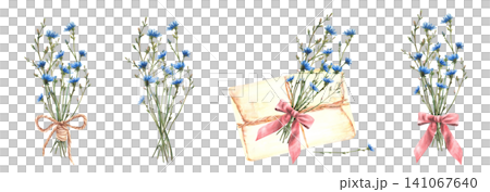 Blue chicory bouquets tied with twine or pink ribbon bows, with vintage envelope. Hand painted watercolor isolated on white background illustration for greeting card, wedding invitations, floral print Blue chicory bouquets tied with twine or pink ribbon bows, with vintage envelope. Hand painted watercolor isolated on white background illustration for greeting card, wedding invitations, floral print 141067640