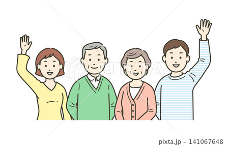 高齢者夫婦と若い夫婦が集合して手を振る上半身イラスト 高齢者夫婦と若い夫婦が集合して手を振る上半身イラスト 141067648