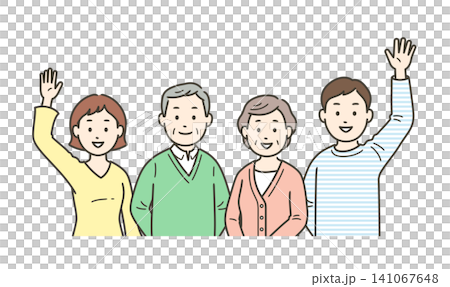 高齢者夫婦と若い夫婦が集合して手を振る上半身イラスト 高齢者夫婦と若い夫婦が集合して手を振る上半身イラスト 141067648