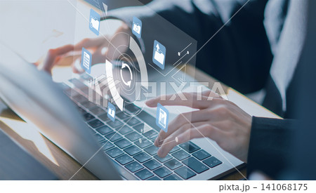クラウドデータ同期のイメージ 業務におけるファイル管理、デジタルネットワークイメージ クラウドデータ同期のイメージ 業務におけるファイル管理、デジタルネットワークイメージ 141068175