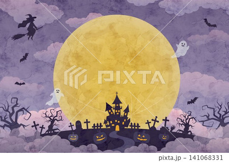 満月と幽霊屋敷のある水彩風ハロウィン背景イラスト 141068331
