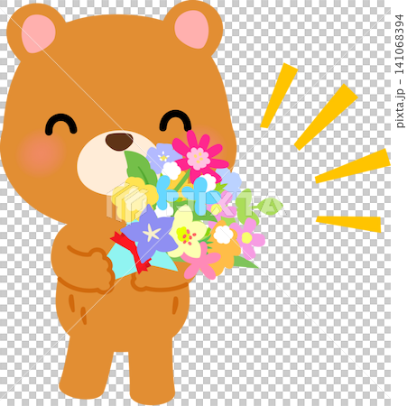 A bear character holding a bouquet of flowers A bear character holding a bouquet of flowers 141068394