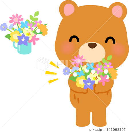たくさんの花を抱えたクマのキャラクター たくさんの花を抱えたクマのキャラクター 141068395